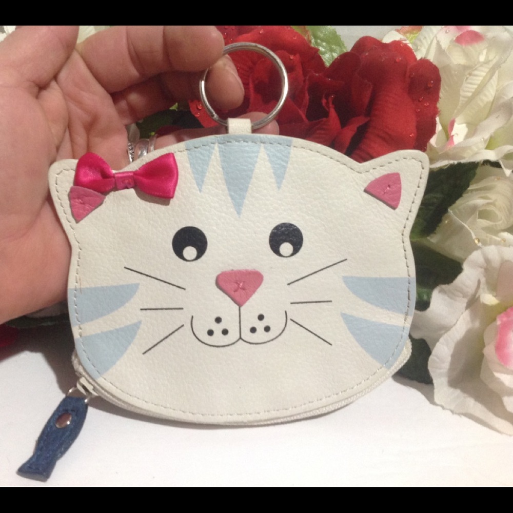 Cat Face Leather Coin Purse w/ Key Ring Holder